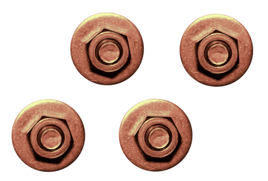 Nuts screwed onto copper screws. On isolated transparent background.