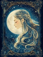 Art Nouveau portrait of a young woman illuminated by the full moon in serene twilight setting new beautiful stock image illustration AI