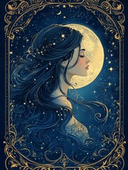 Art Nouveau portrait of a young woman illuminated by the full moon in serene twilight setting new beautiful stock image illustration AI