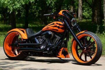 Custom street racer motor bike with bright paint job and carbon ceramic brakes.