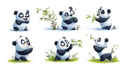A playful collection of cartoon pandas in different poses, showcasing their loveable nature. Great for wildlife illustrations. 