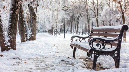 Winter snowy park alley bench in cold weather.