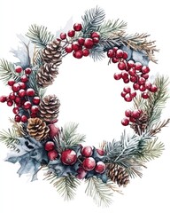 A beautiful watercolor wreath adorned with pinecones and holly, perfect for festive holiday decor.