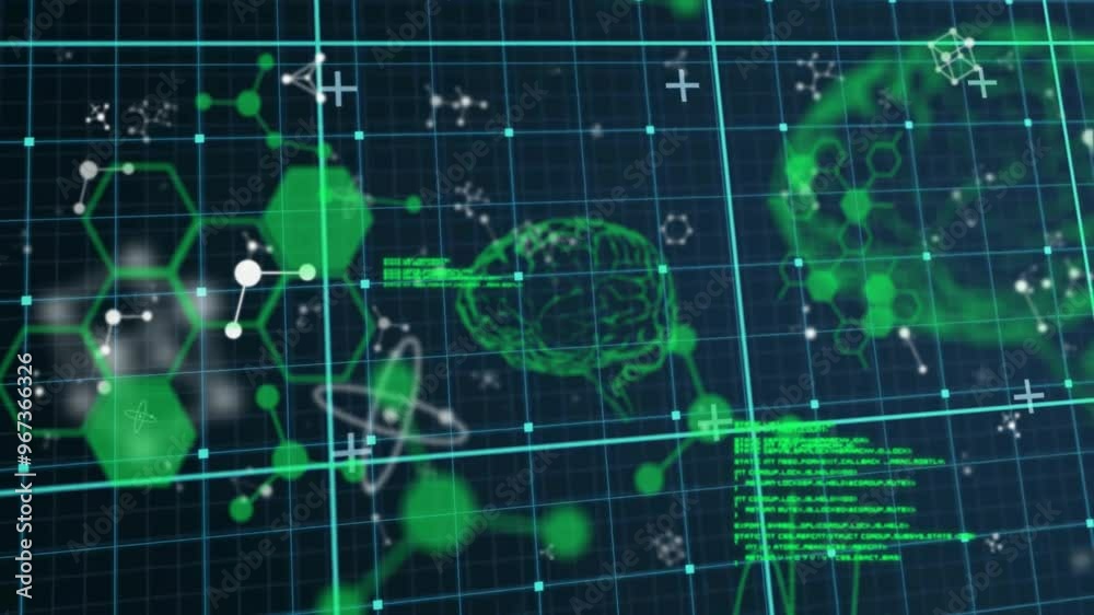 Poster animation of data processing with digital brains and molecules on black background