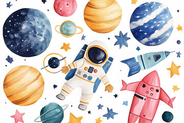 Watercolor drawing set with cartoon space rocket, isolated on white background