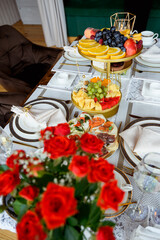Arranged festive table. Table with snacks for a special occasion Romantic dinner