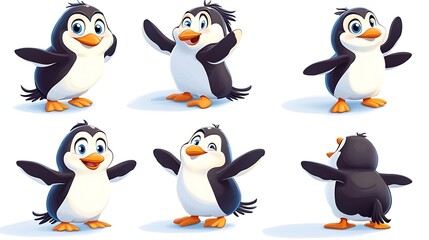 Fototapeta premium A playful variety of cartoon penguins in dynamic sliding and waddling poses, perfect for arctic and winter-themed designs. 