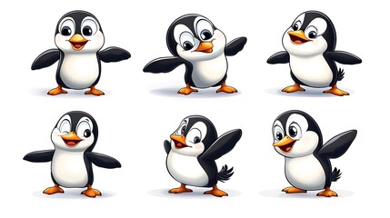 Obraz premium A playful variety of cartoon penguins in dynamic sliding and waddling poses, perfect for arctic and winter-themed designs. 