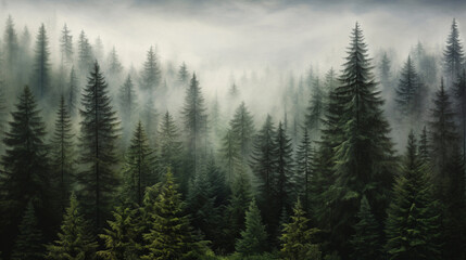 Misty fir tree forest.  Forest landscape with pine trees covered with fog and clouds.