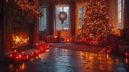 Fototapeta premium interior christmas. magic glowing tree, fireplace, gifts in dark at night