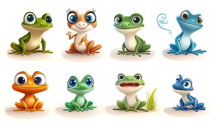 Obraz premium A whimsical assortment of cartoon frogs in dynamic jumping poses, perfect for pond and nature-themed designs. 
