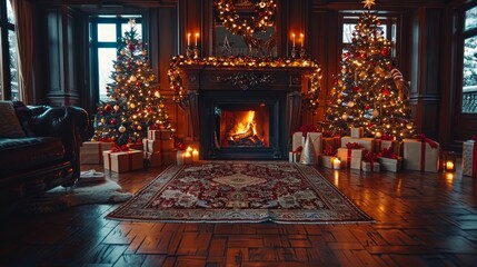Obraz premium interior christmas. magic glowing tree, fireplace, gifts in dark at night