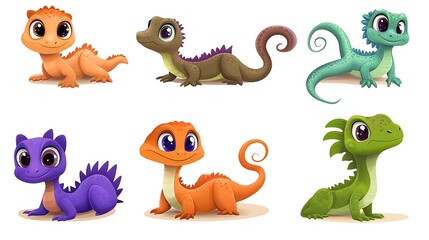 Obraz premium A whimsical assortment of cartoon lizards in dynamic climbing and resting poses, perfect for desert and reptile-themed illustrations. 