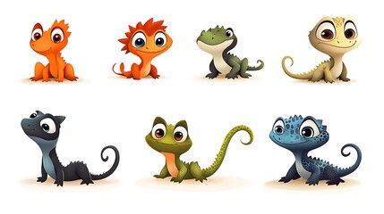 Fototapeta premium A whimsical assortment of cartoon lizards in dynamic climbing and resting poses, perfect for desert and reptile-themed illustrations. 
