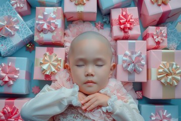 Fototapeta premium Bald kid bed surrounded aura of calm dreams serenely. Beautiful child sleeps soundly showcasing innocence and tranquility. Metaphor innocence and peace of childhood dreams.
