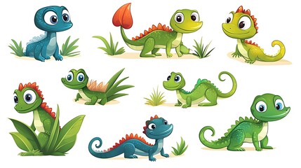 Naklejka premium A whimsical assortment of cartoon lizards in dynamic climbing and resting poses, perfect for desert and reptile-themed illustrations. 