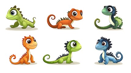 Fototapeta premium A whimsical assortment of cartoon lizards in dynamic climbing and resting poses, perfect for desert and reptile-themed illustrations. 