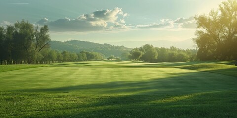 Lush green golf course set against a backdrop of clear blue sky