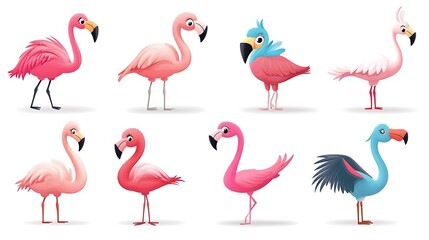 Obraz premium A whimsical collection of cartoon flamingos in vibrant standing poses, perfect for tropical and exotic-themed illustrations. 