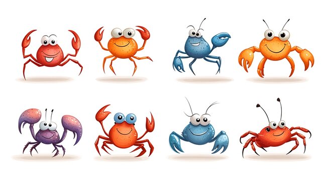 A whimsical collection of cartoon crabs in playful walking and beach poses, perfect for coastal and ocean-themed designs. 