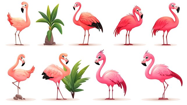 A whimsical collection of cartoon flamingos in vibrant standing poses, perfect for tropical and exotic-themed illustrations. 