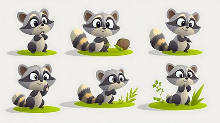 A whimsical collection of cartoon raccoons in mischievous poses, ideal for forest and night-themed designs. 