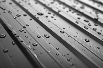 A detailed view of water droplets on a gray corrugated metal roof