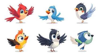 A whimsical set of cartoon birds in vibrant colors and fun flying positions, ideal for nature-themed designs. 