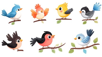 Obraz premium A whimsical set of cartoon birds in vibrant colors and fun flying positions, ideal for nature-themed designs. 