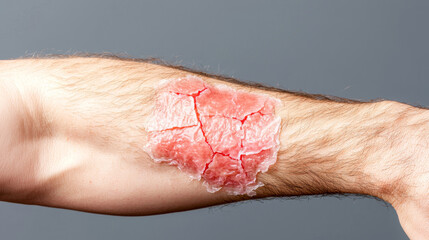 Fototapeta premium Close up of a human arm with injuries showing cracked skin and redness. Concept of wounds, health, and recovery.