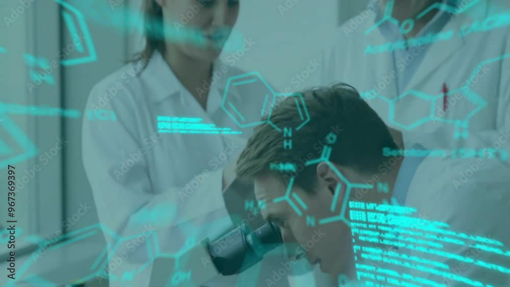 Poster animation of chemical formula and data processing over diverse scientists working in lab