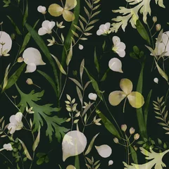 Fototapete Aquarell-Set 1 Botany seamless watercolor pattern with grass and flowers on a dark background. Watercolor illustration for wrapping paper, textile and printing  © BloomPix
