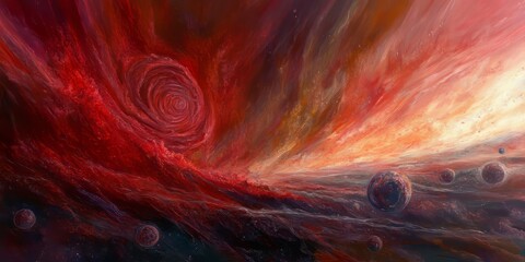 Naklejka premium A vivid, abstract storm of swirling reds, blacks, and whites, with flashes of bright colors breaking through, symbolizing conflict and resolution