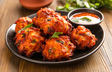 Indian snack - spicy and hot veg pakora with chutney.	