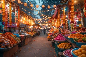 A festive marketplace scene at dusk, illuminated by string lights and filled with colorful flowers and produce, capturing the lively atmosphere.