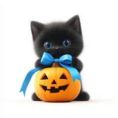 Black Kitten Holding a Jack-O-Lantern with Blue Bow