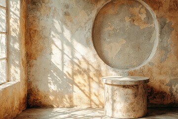 Elegant circular mirror and pedestal in abandoned, vintage interior