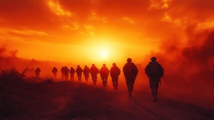 Fototapeta premium silhouetted team of soldiers walking in formation across a dusty road at sunset with dramatic orange sky and long shadows