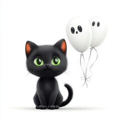 Fototapeta premium Cute Black Kitten with Ghost Balloons for Halloween