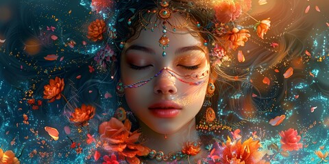 A beautiful woman with ornate jewelry and closed eyes, surrounded by glowing flowers and colorful particles, evoking a sense of calm and mystery.
