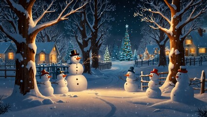 Fototapeta premium snowman and christmas tree
