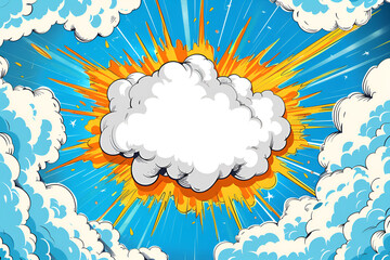 comic pop art style cartoon comic book illustration background of an empty white cloud with orange and yellow explosion effect on a blue sky, Generative AI