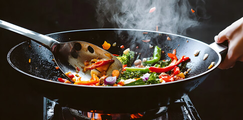 Closeup of chef throwing vegetables from wok pan in fire