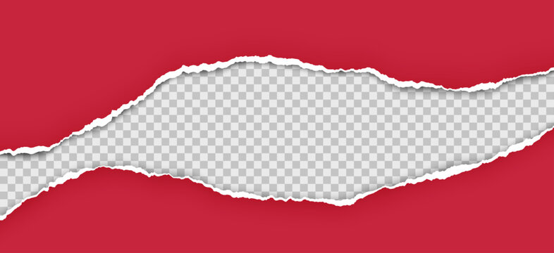 Realistic torn red paper with ragged edge and soft shadow isolated on light background. Free space for your advertising. Vector illustration.
