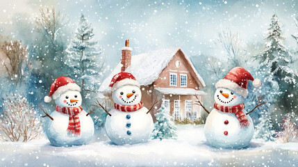 Fototapeta premium Winter holiday background banner cute snowman Merry christmas and happy new year