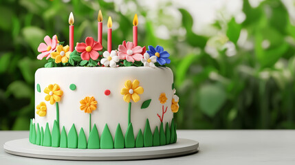 Colorful birthday cake decorated with flowers and candles, set against a lush green background, perfect for celebrations and gatherings