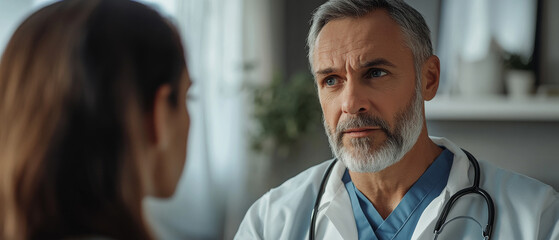 Fototapeta premium A healthcare professional engages in serious health discussion with patient, showcasing empathy and concern in clinical setting