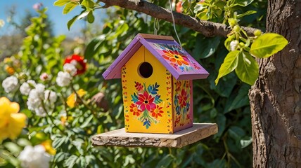 Naklejka premium A brightly painted birdhouse with floral designs, hanging from a branch in a sunny garden