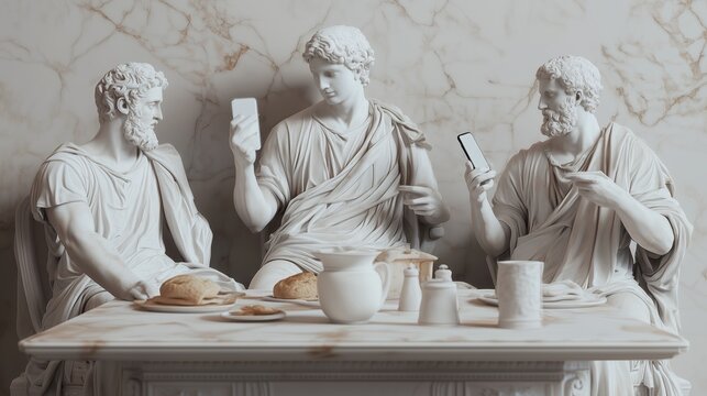 Ancient philosophers discussing modern technology while enjoying a meal in a classic marble setting