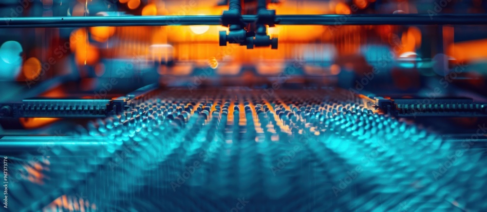 Wall mural Closeup of an industrial textile machine with glowing blue lights